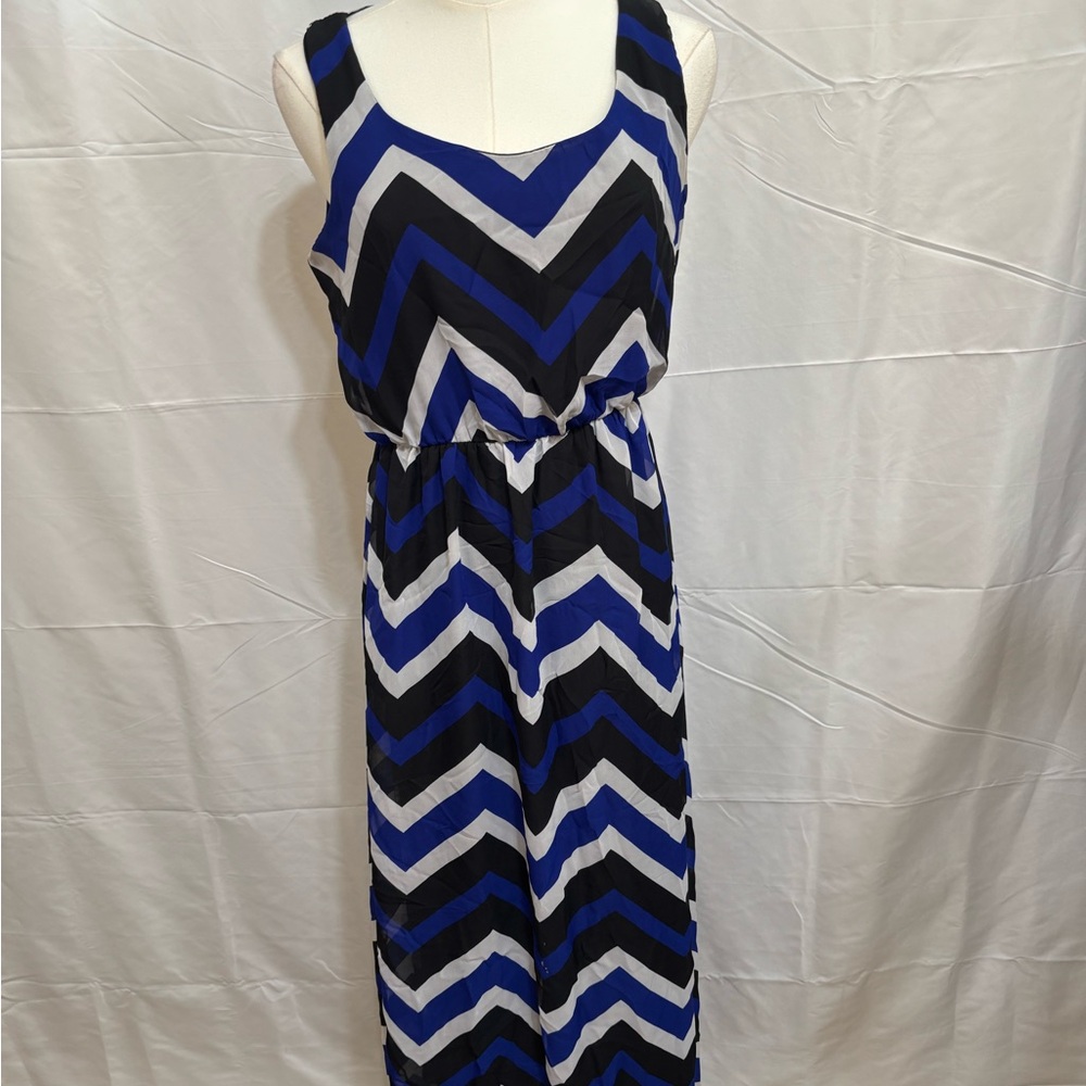 Blue Black Chevron Maxi Dress Small Sleeveless Elastic Waist Summer